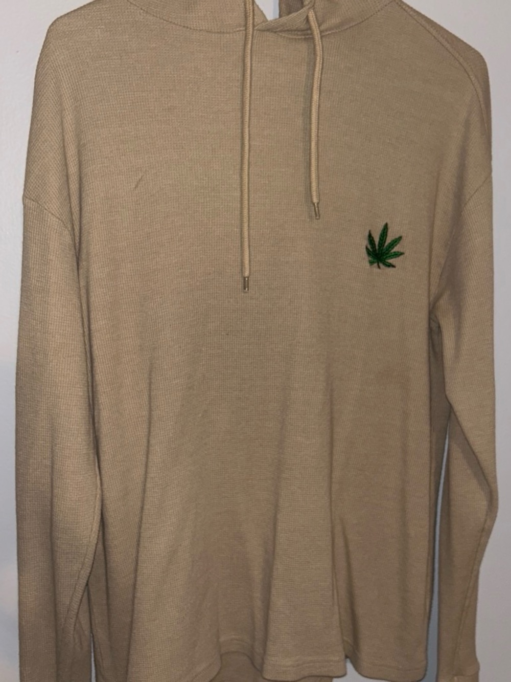 Eighty Eight Beige Hooded Long-Sleeve Shirt with Green Leaf Patch
